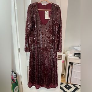 Floor length burgundy sequin long sleeve dress. NWT. Never worn. Zara